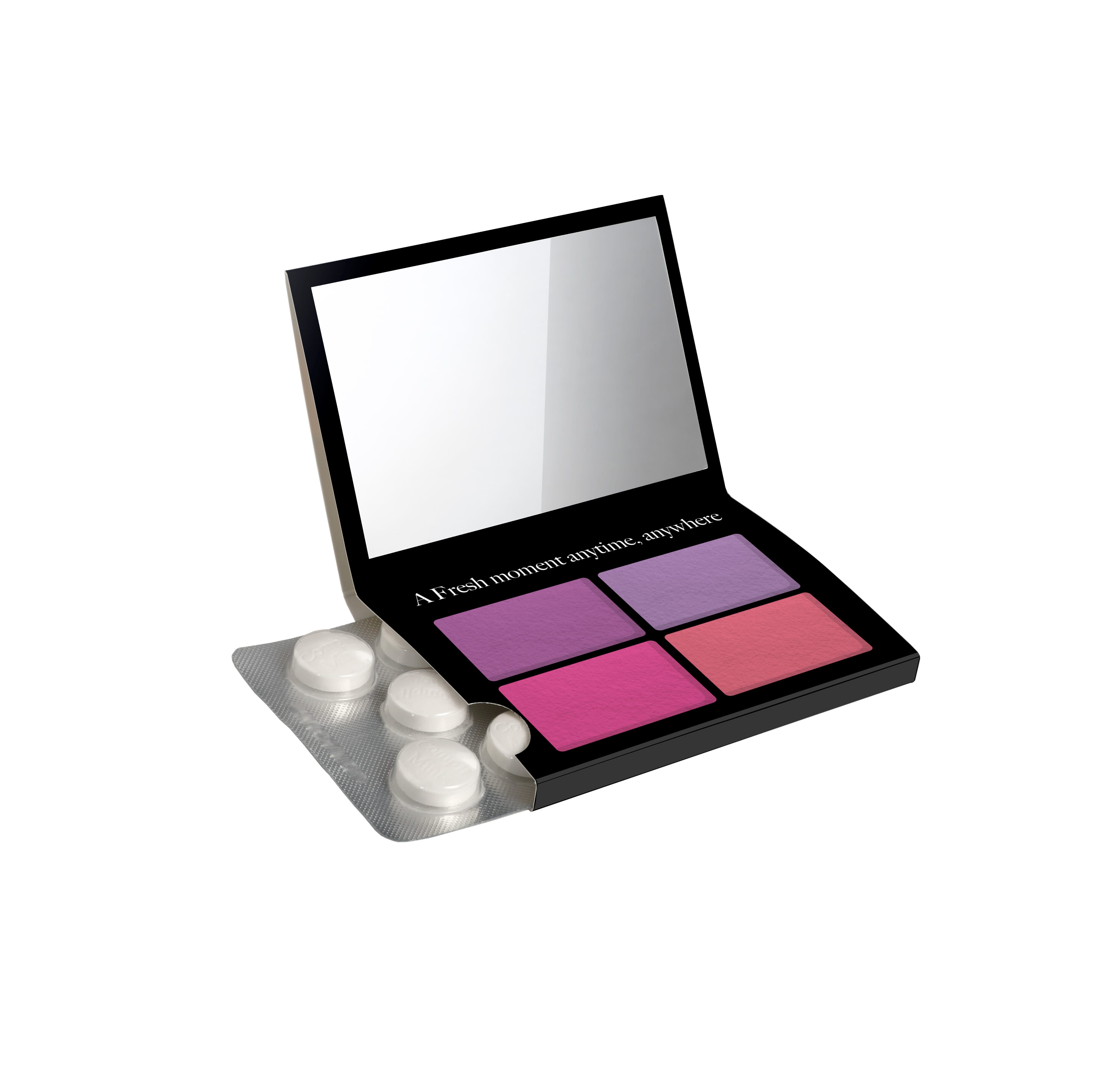 Schachtel mit Klappe, Spiegel und Blister mit 10 Compli'mint, The Peppermint Company